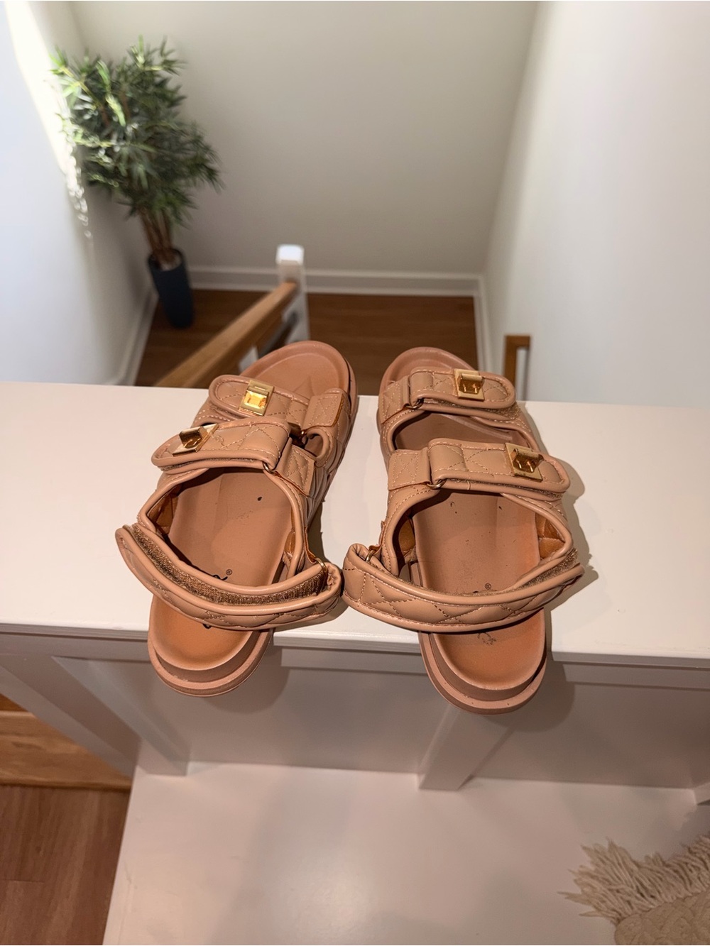 Qupid Quilted Nude/Tan Strap Sandals with Gold Buckles